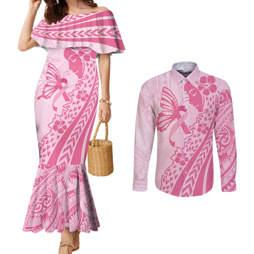 Pacific Girl and Butterfly Cancer Ribbon Personalised Couples Matching Mermaid Dress and Long Sleeve Button Shirt