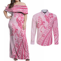 Pacific Girl and Butterfly Cancer Ribbon Personalised Couples Matching Off Shoulder Maxi Dress and Long Sleeve Button Shirt
