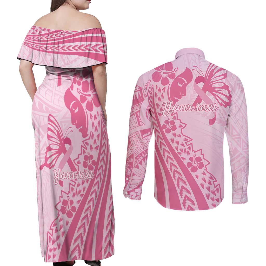 Pacific Girl and Butterfly Cancer Ribbon Personalised Couples Matching Off Shoulder Maxi Dress and Long Sleeve Button Shirt