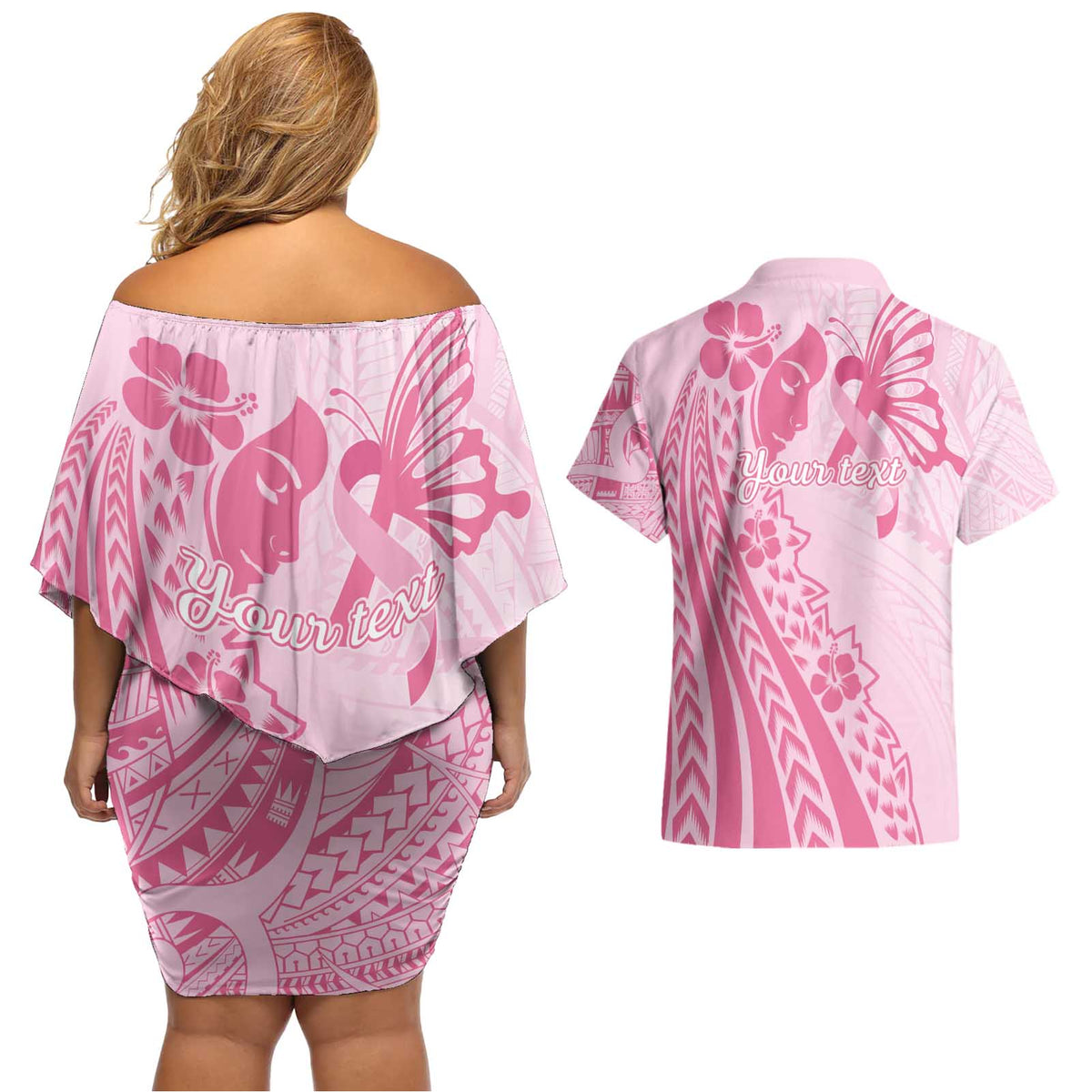 Pacific Girl and Butterfly Cancer Ribbon Personalised Couples Matching Off Shoulder Short Dress and Hawaiian Shirt