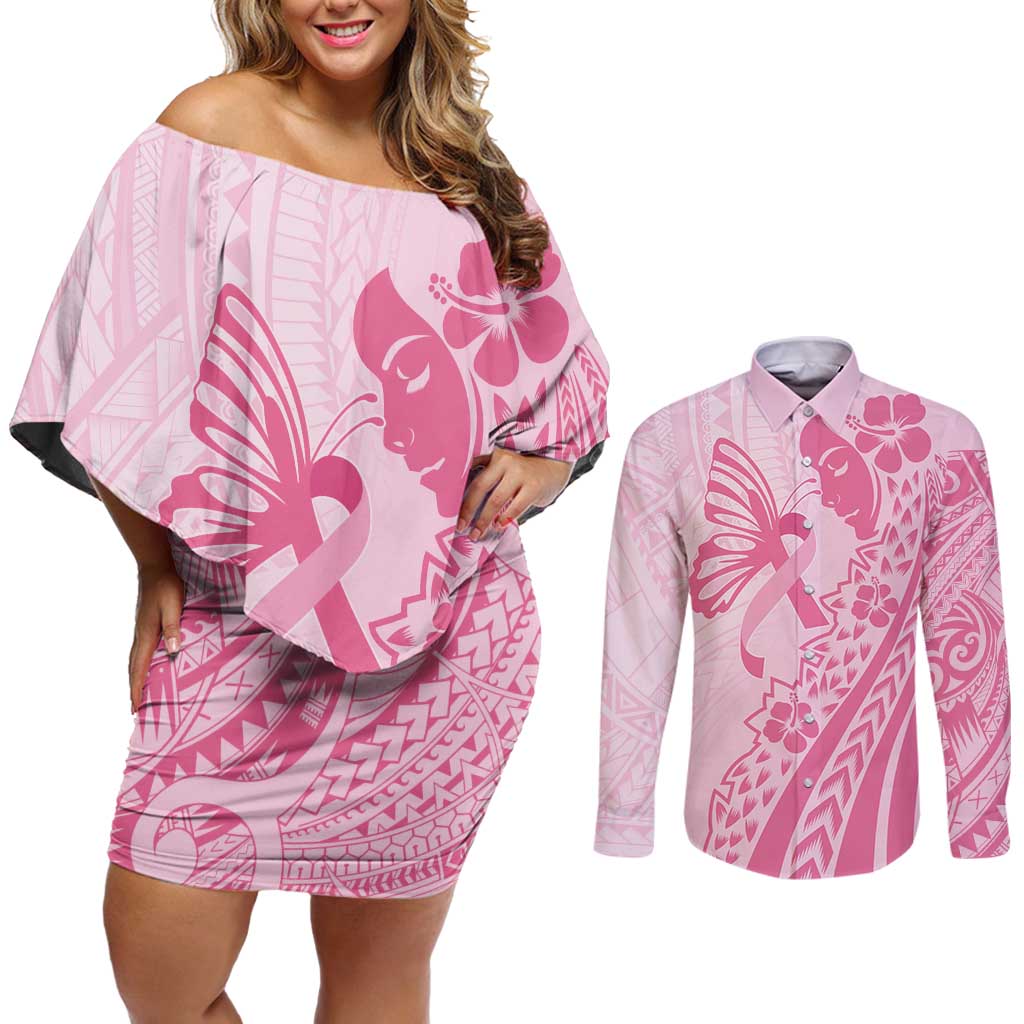 Pacific Girl and Butterfly Cancer Ribbon Personalised Couples Matching Off Shoulder Short Dress and Long Sleeve Button Shirt