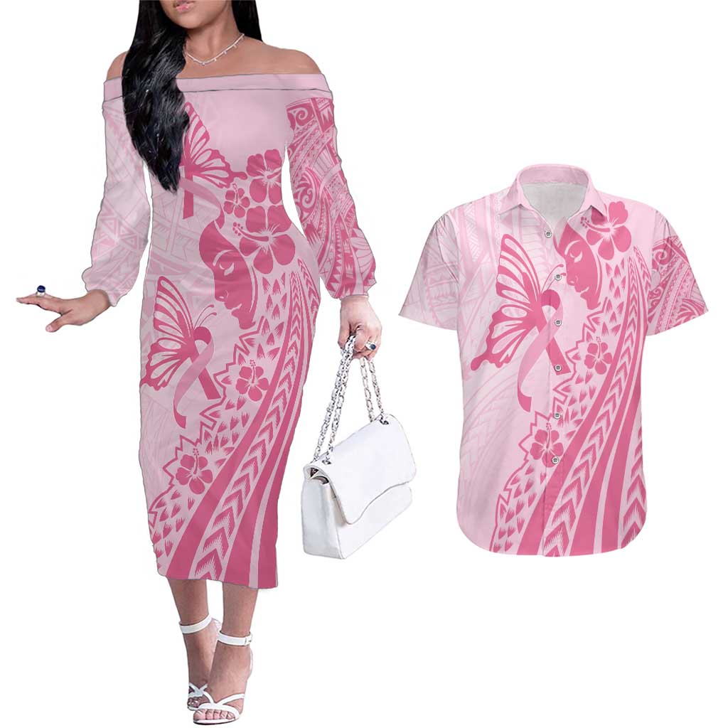 Pacific Girl and Butterfly Cancer Ribbon Personalised Couples Matching Off The Shoulder Long Sleeve Dress and Hawaiian Shirt