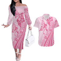 Pacific Girl and Butterfly Cancer Ribbon Personalised Couples Matching Off The Shoulder Long Sleeve Dress and Hawaiian Shirt