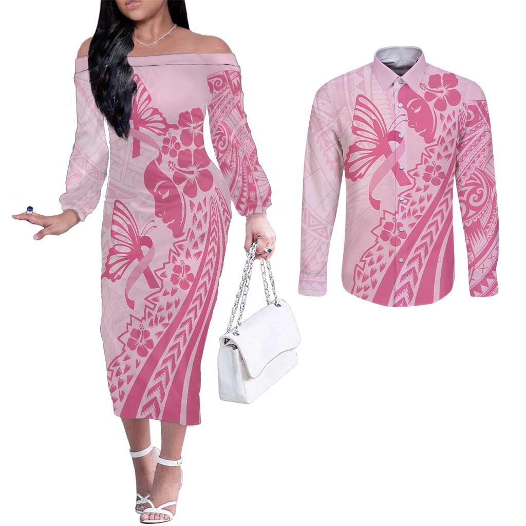 Pacific Girl and Butterfly Cancer Ribbon Personalised Couples Matching Off The Shoulder Long Sleeve Dress and Long Sleeve Button Shirt