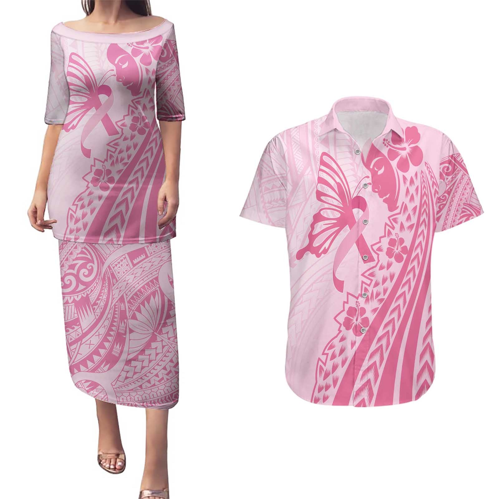 Pacific Girl and Butterfly Cancer Ribbon Personalised Couples Matching Puletasi and Hawaiian Shirt