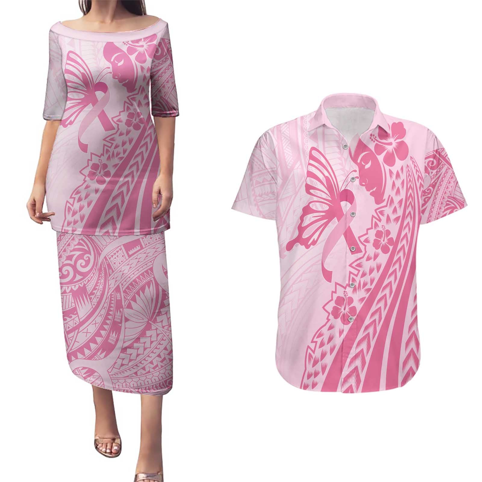 Pacific Girl and Butterfly Cancer Ribbon Personalised Couples Matching Puletasi and Hawaiian Shirt