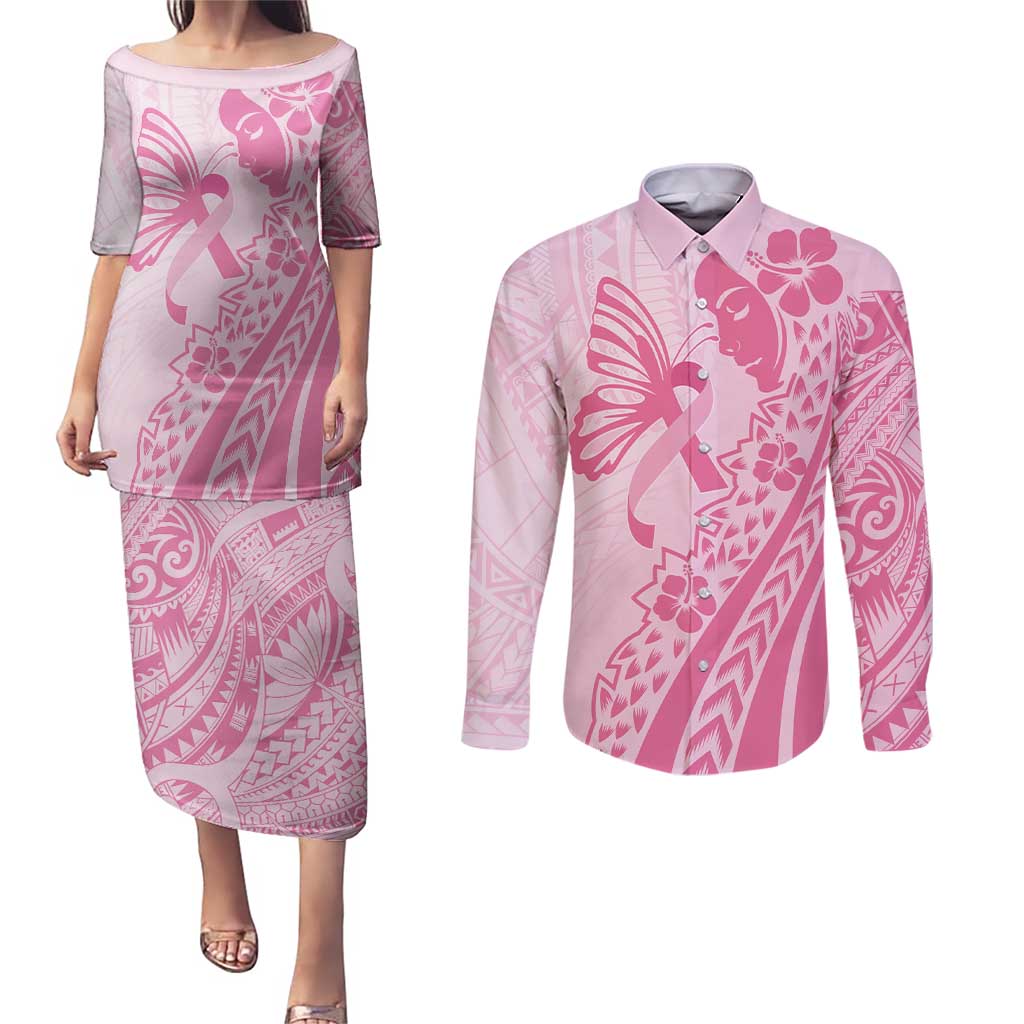 Pacific Girl and Butterfly Cancer Ribbon Personalised Couples Matching Puletasi and Long Sleeve Button Shirt