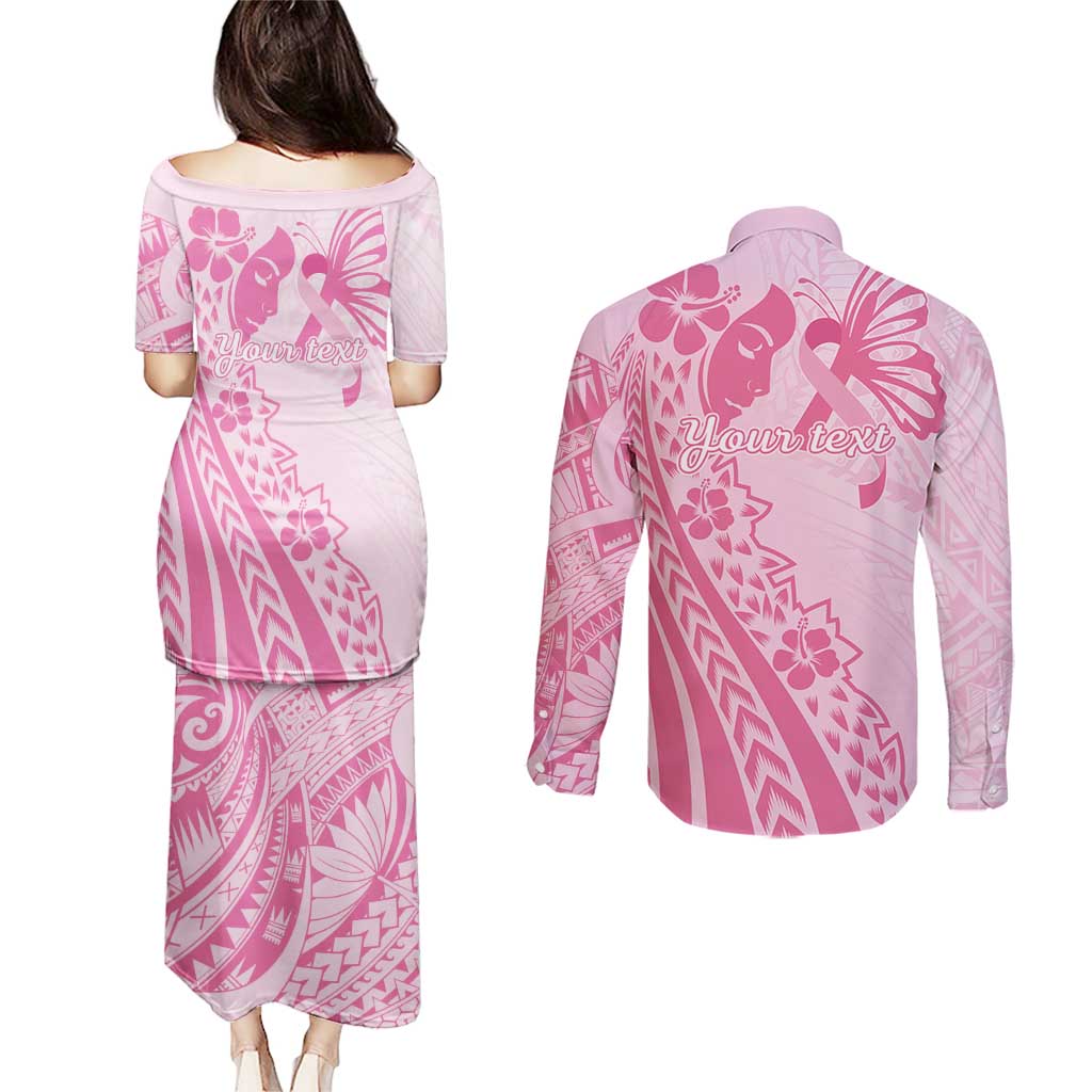 Pacific Girl and Butterfly Cancer Ribbon Personalised Couples Matching Puletasi and Long Sleeve Button Shirt