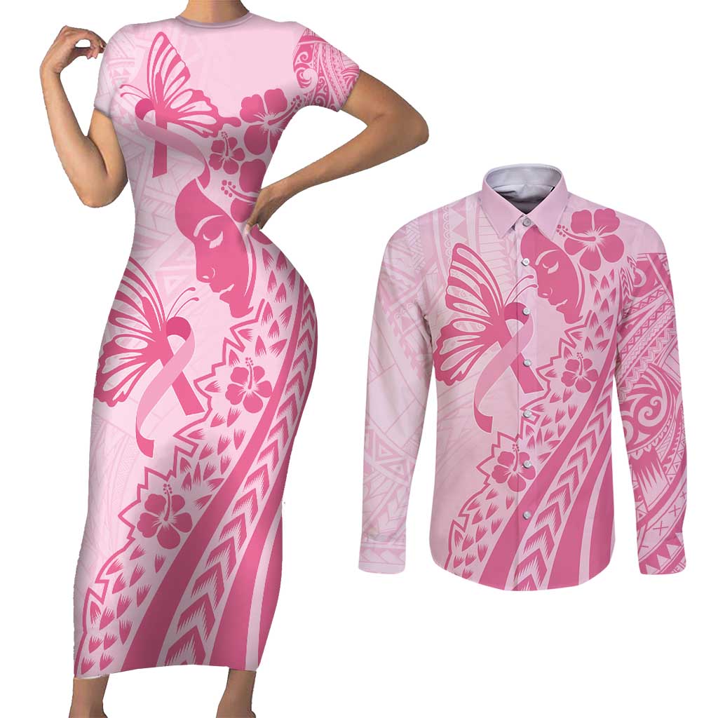 Pacific Girl and Butterfly Cancer Ribbon Personalised Couples Matching Short Sleeve Bodycon Dress and Long Sleeve Button Shirt