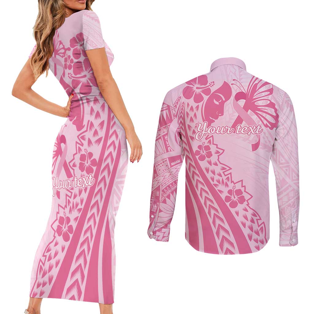 Pacific Girl and Butterfly Cancer Ribbon Personalised Couples Matching Short Sleeve Bodycon Dress and Long Sleeve Button Shirt LT9 - Polynesian Pride