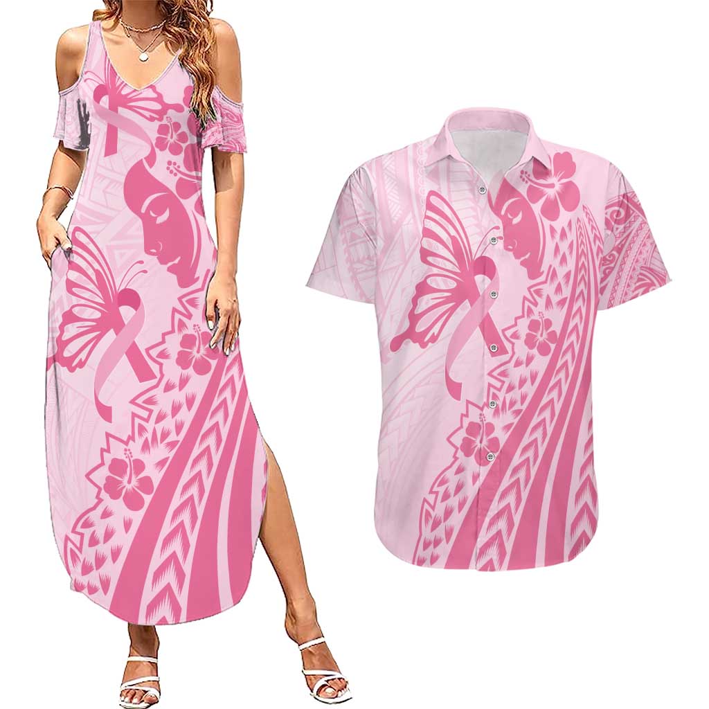 Pacific Girl and Butterfly Cancer Ribbon Personalised Couples Matching Summer Maxi Dress and Hawaiian Shirt
