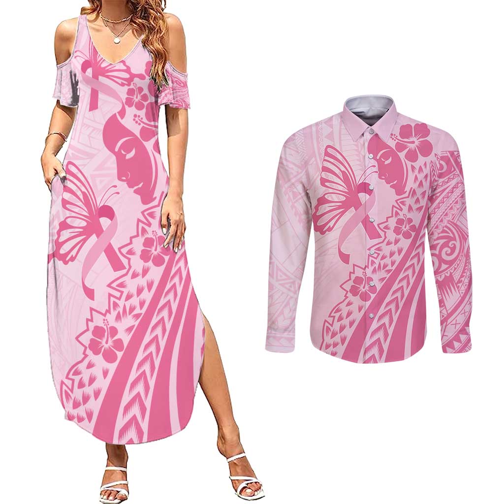 Pacific Girl and Butterfly Cancer Ribbon Personalised Couples Matching Summer Maxi Dress and Long Sleeve Button Shirt