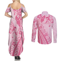 Pacific Girl and Butterfly Cancer Ribbon Personalised Couples Matching Summer Maxi Dress and Long Sleeve Button Shirt