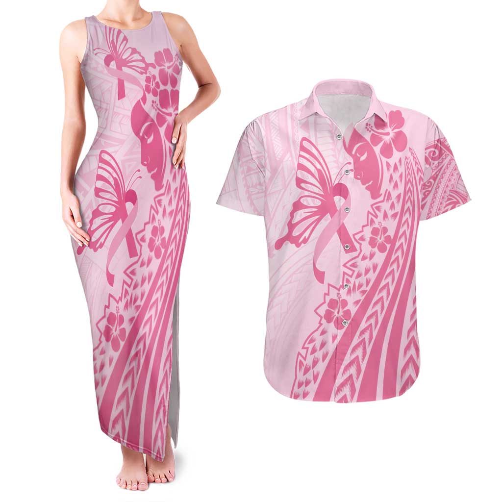 Pacific Girl and Butterfly Cancer Ribbon Personalised Couples Matching Tank Maxi Dress and Hawaiian Shirt