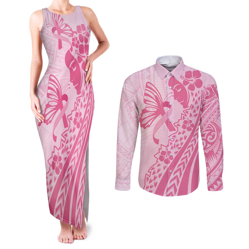 Pacific Girl and Butterfly Cancer Ribbon Personalised Couples Matching Tank Maxi Dress and Long Sleeve Button Shirt