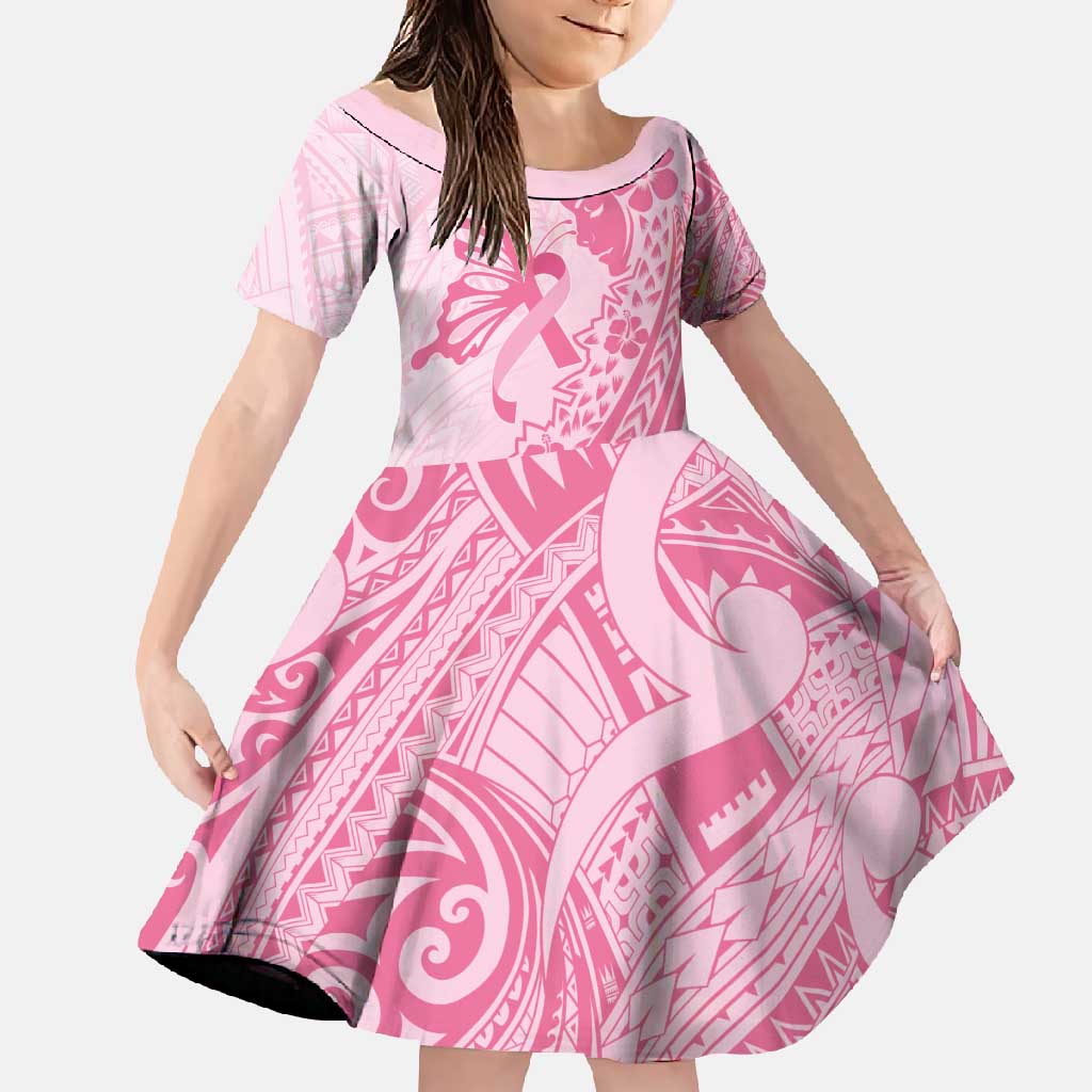 Pacific Girl and Butterfly Cancer Ribbon Personalised Family Matching Long Sleeve Bodycon Dress and Hawaiian Shirt LT9 Daughter's Dress Pink - Polynesian Pride