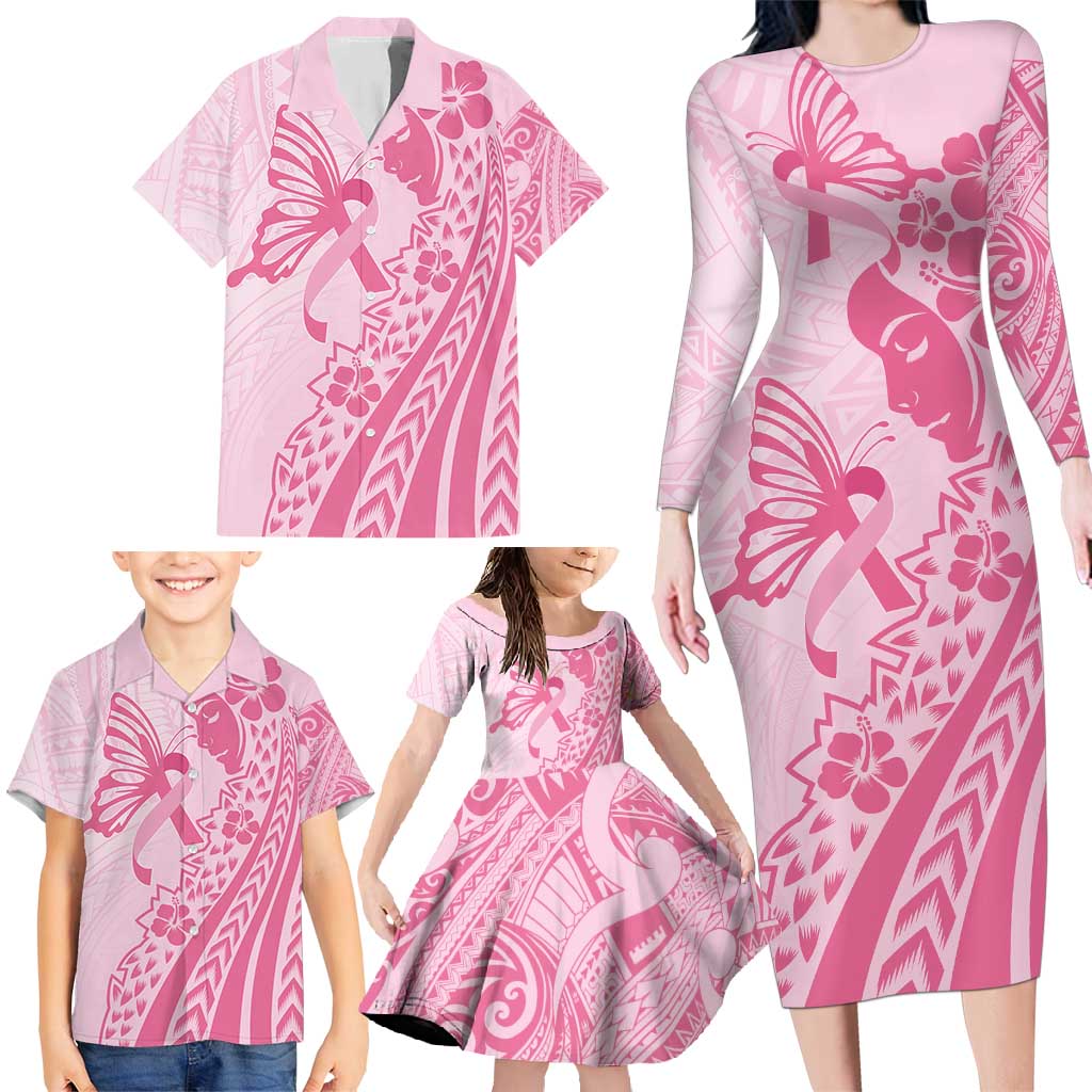 Pacific Girl and Butterfly Cancer Ribbon Personalised Family Matching Long Sleeve Bodycon Dress and Hawaiian Shirt LT9 - Polynesian Pride