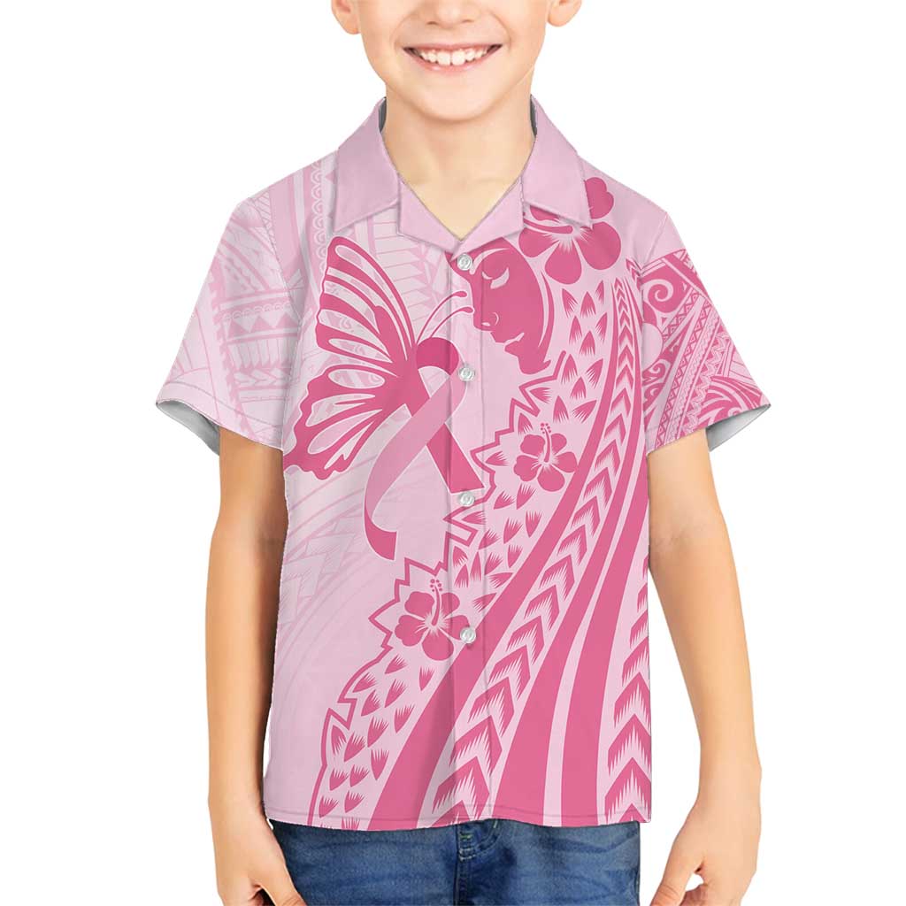Pacific Girl and Butterfly Cancer Ribbon Personalised Family Matching Long Sleeve Bodycon Dress and Hawaiian Shirt LT9 Son's Shirt Pink - Polynesian Pride