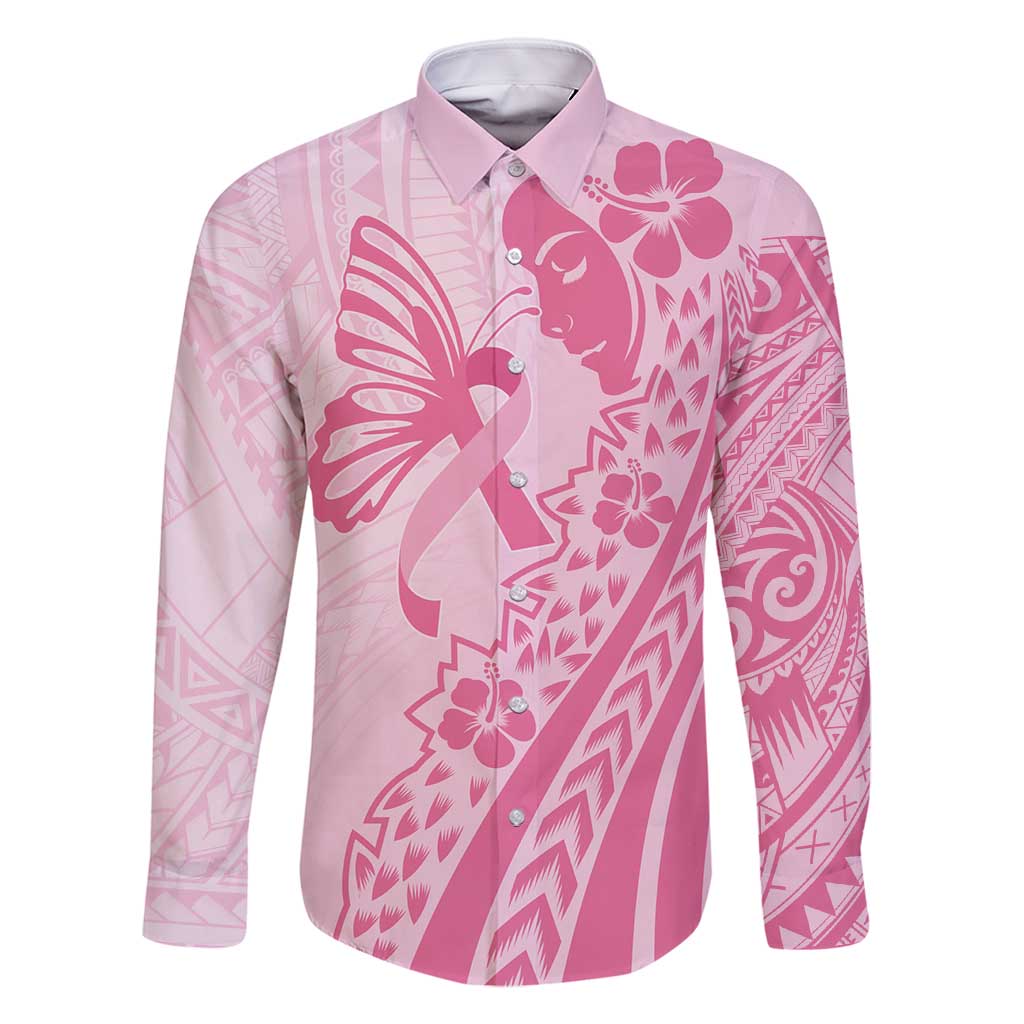Pacific Girl and Butterfly Cancer Ribbon Personalised Family Matching Mermaid Dress and Hawaiian Shirt LT9 Dad's Shirt - Long Sleeve Pink - Polynesian Pride