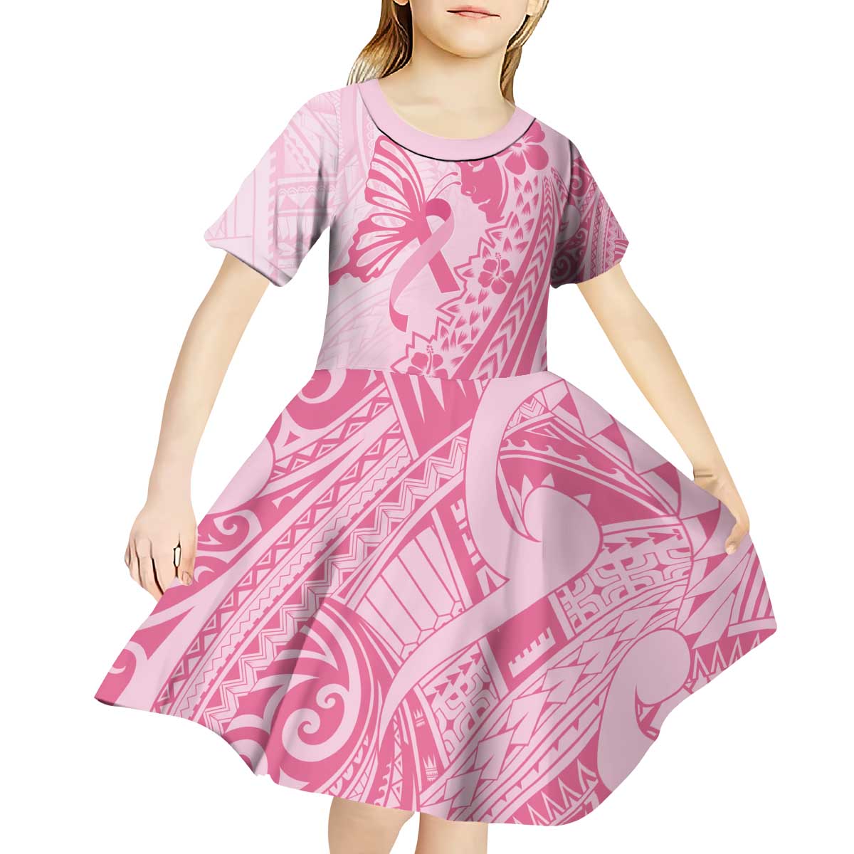 Pacific Girl and Butterfly Cancer Ribbon Personalised Kid Short Sleeve Dress