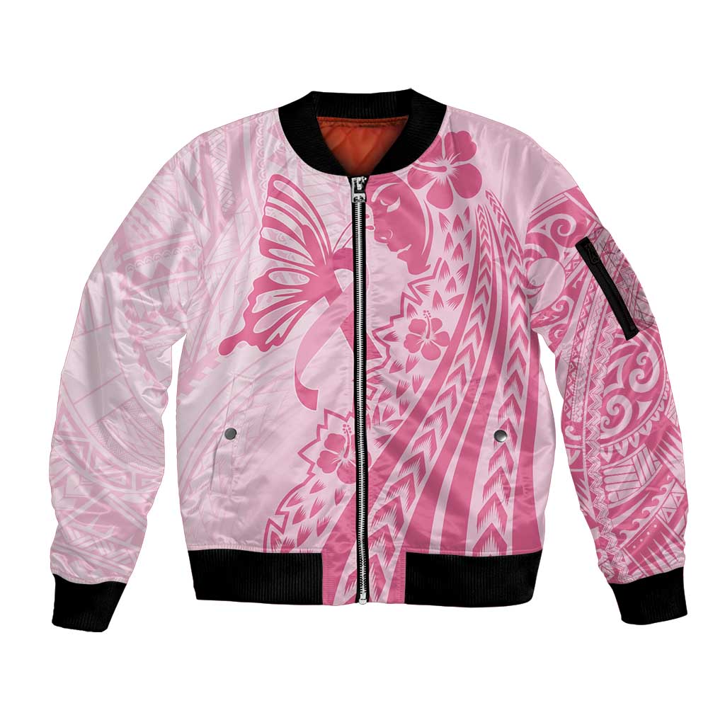 Pacific Girl and Butterfly Cancer Ribbon Personalised Sleeve Zip Bomber Jacket LT9 Unisex Pink - Polynesian Pride