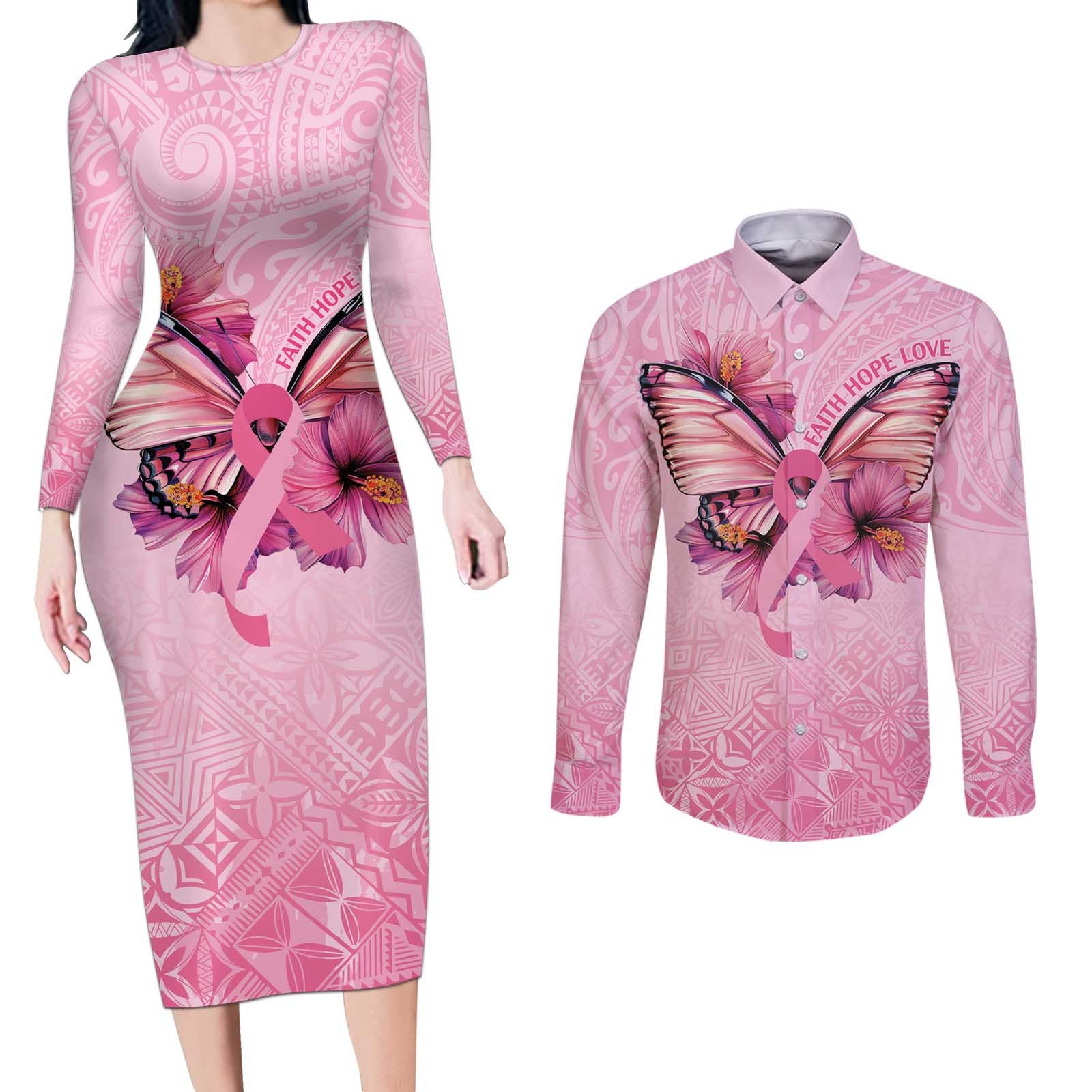 Faith Hope Love Butterfly Ribbon Personalised Couples Matching Long Sleeve Bodycon Dress and Long Sleeve Button Shirt