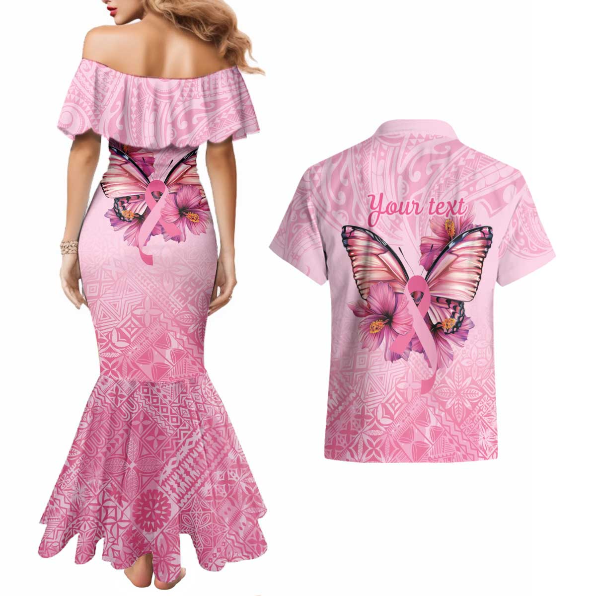 Faith Hope Love Butterfly Ribbon Personalised Couples Matching Mermaid Dress and Hawaiian Shirt LT9 - Polynesian Pride