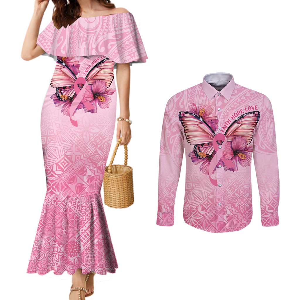 Faith Hope Love Butterfly Ribbon Personalised Couples Matching Mermaid Dress and Long Sleeve Button Shirt