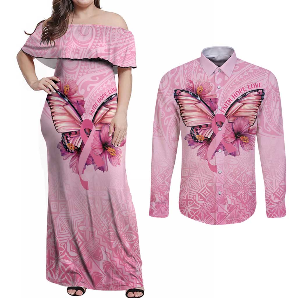 Faith Hope Love Butterfly Ribbon Personalised Couples Matching Off Shoulder Maxi Dress and Long Sleeve Button Shirt