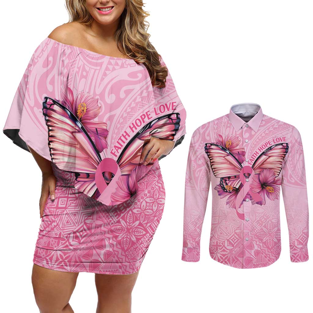 Faith Hope Love Butterfly Ribbon Personalised Couples Matching Off Shoulder Short Dress and Long Sleeve Button Shirt