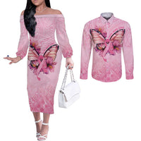 Faith Hope Love Butterfly Ribbon Personalised Couples Matching Off The Shoulder Long Sleeve Dress and Long Sleeve Button Shirt