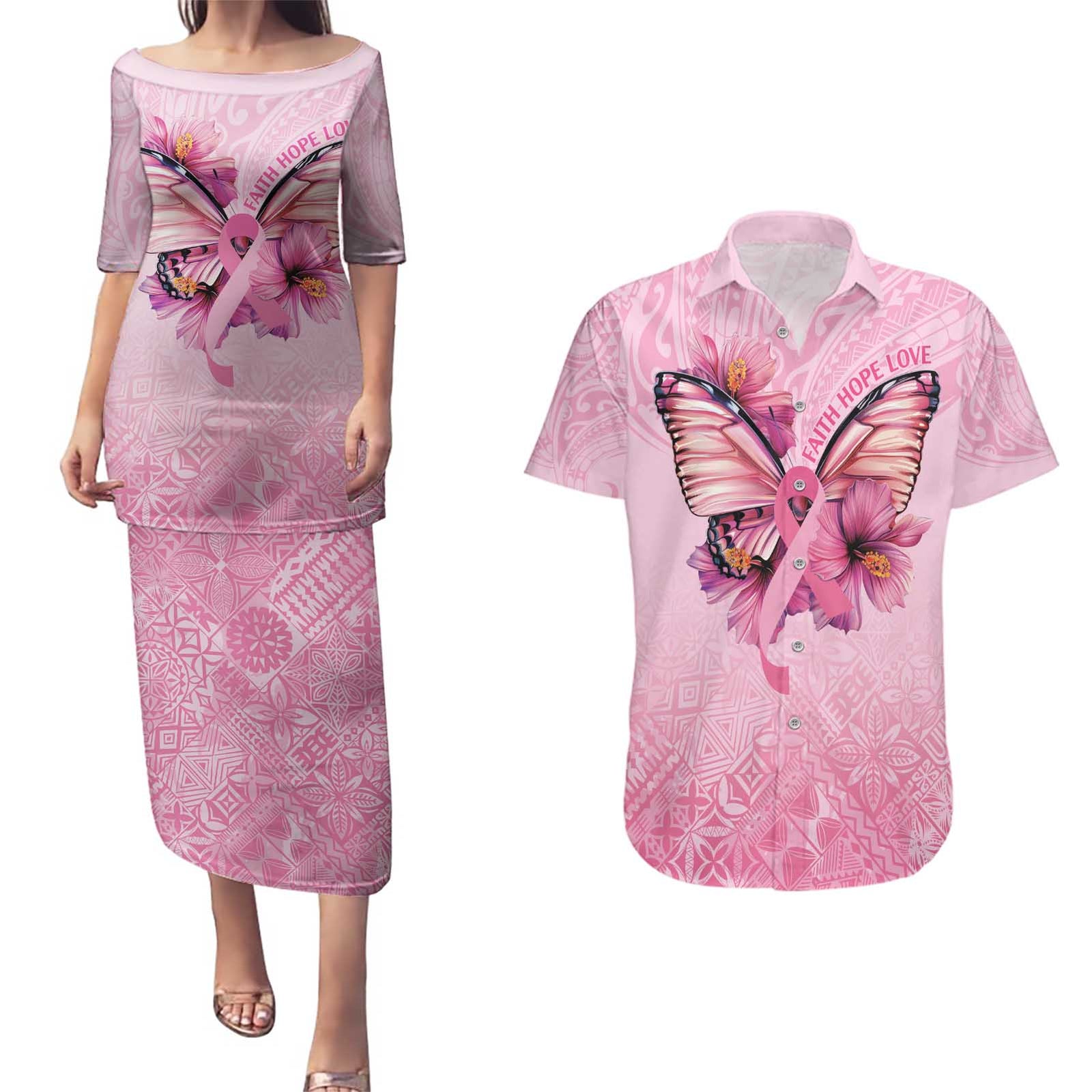 Faith Hope Love Butterfly Ribbon Personalised Couples Matching Puletasi and Hawaiian Shirt