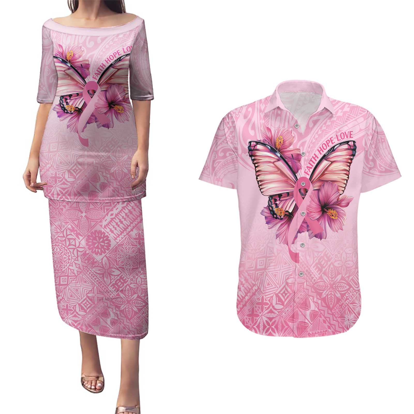 Faith Hope Love Butterfly Ribbon Personalised Couples Matching Puletasi and Hawaiian Shirt
