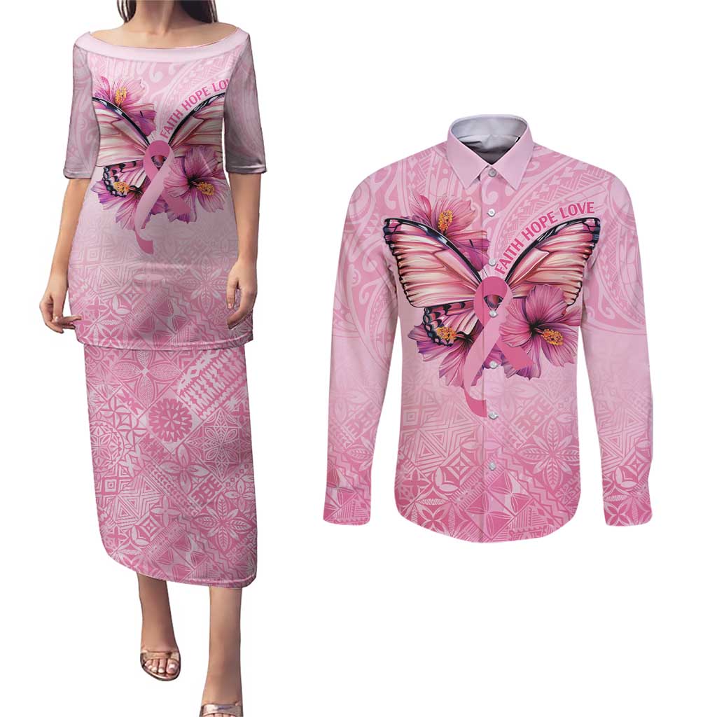 Faith Hope Love Butterfly Ribbon Personalised Couples Matching Puletasi and Long Sleeve Button Shirt