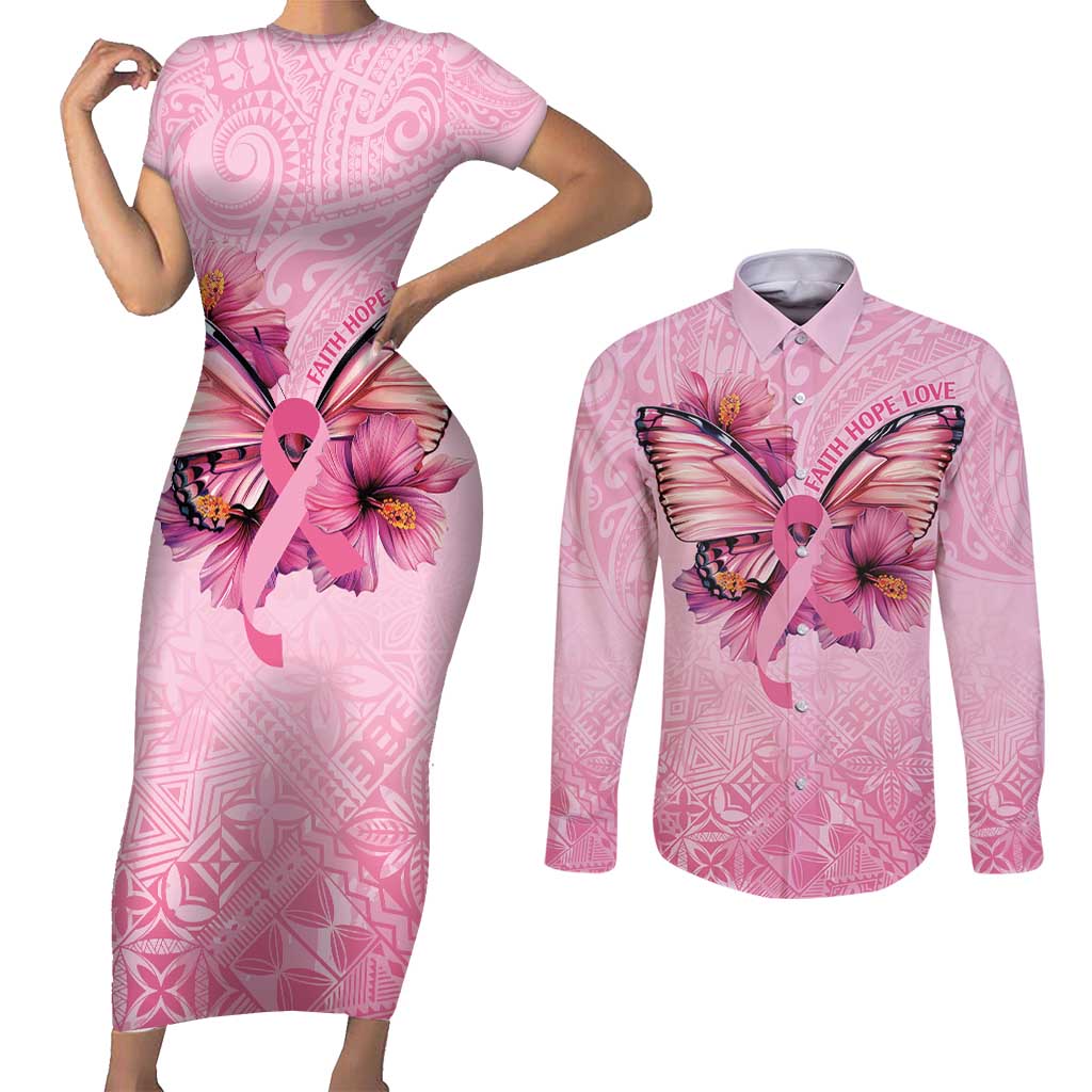 Faith Hope Love Butterfly Ribbon Personalised Couples Matching Short Sleeve Bodycon Dress and Long Sleeve Button Shirt