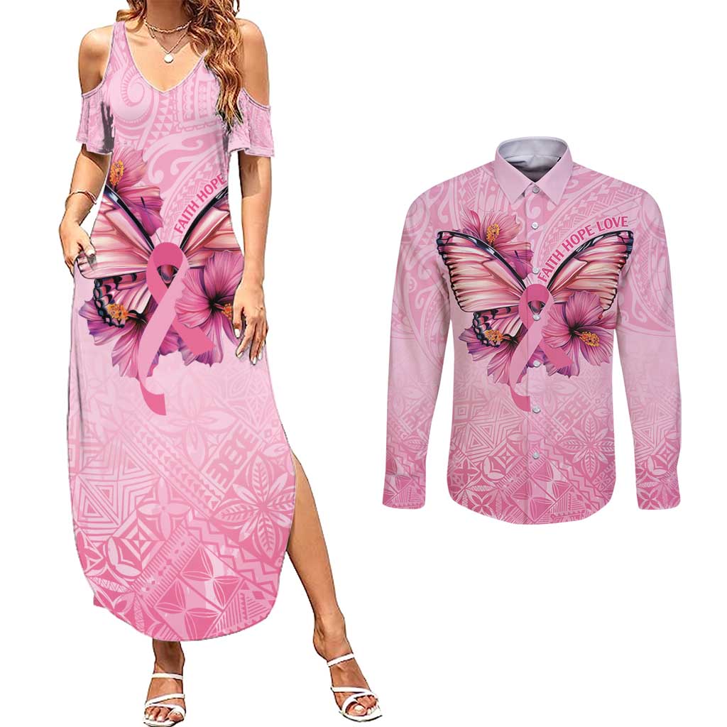 Faith Hope Love Butterfly Ribbon Personalised Couples Matching Summer Maxi Dress and Long Sleeve Button Shirt