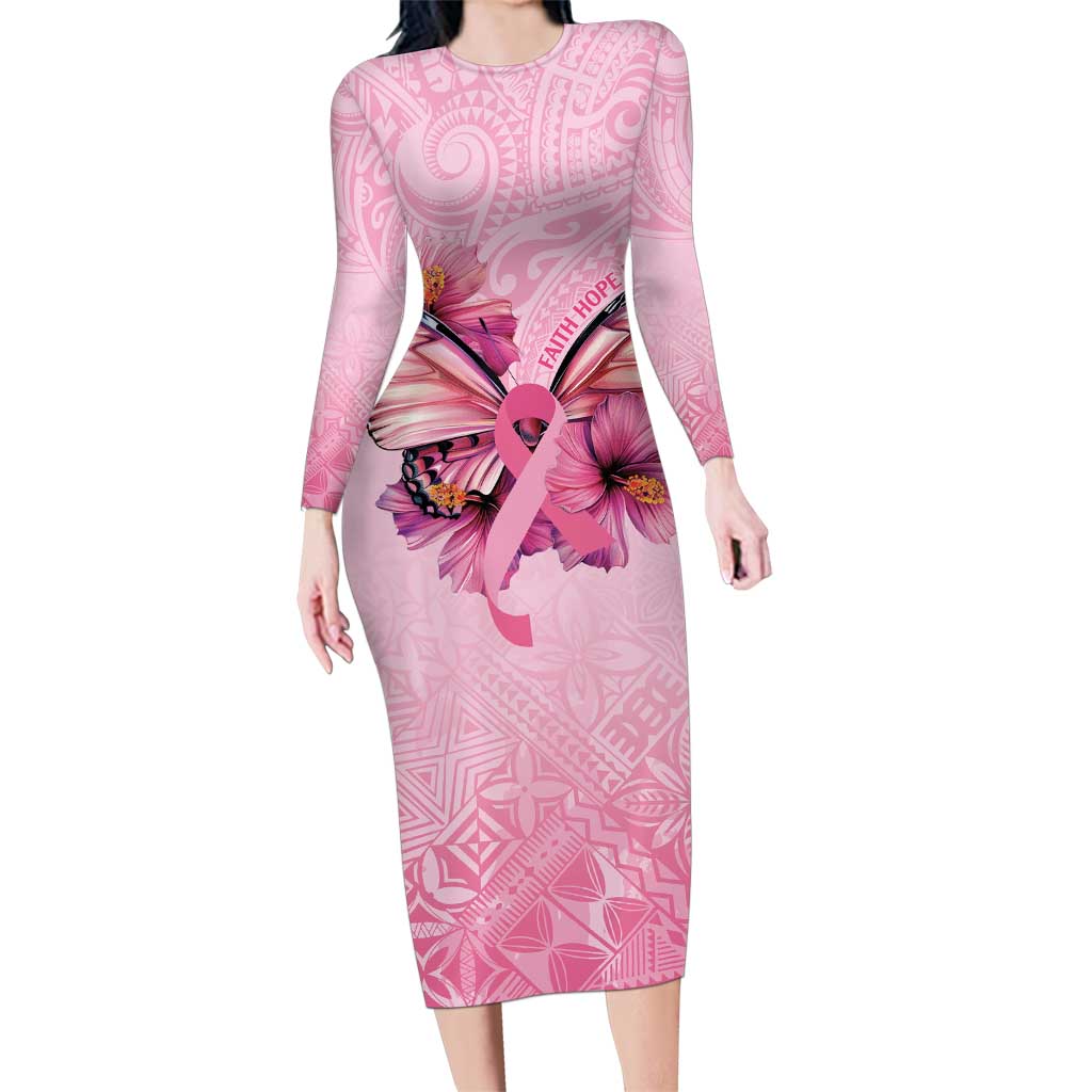 Faith Hope Love Butterfly Ribbon Personalised Family Matching Long Sleeve Bodycon Dress and Hawaiian Shirt LT9 Mom's Dress Pink - Polynesian Pride
