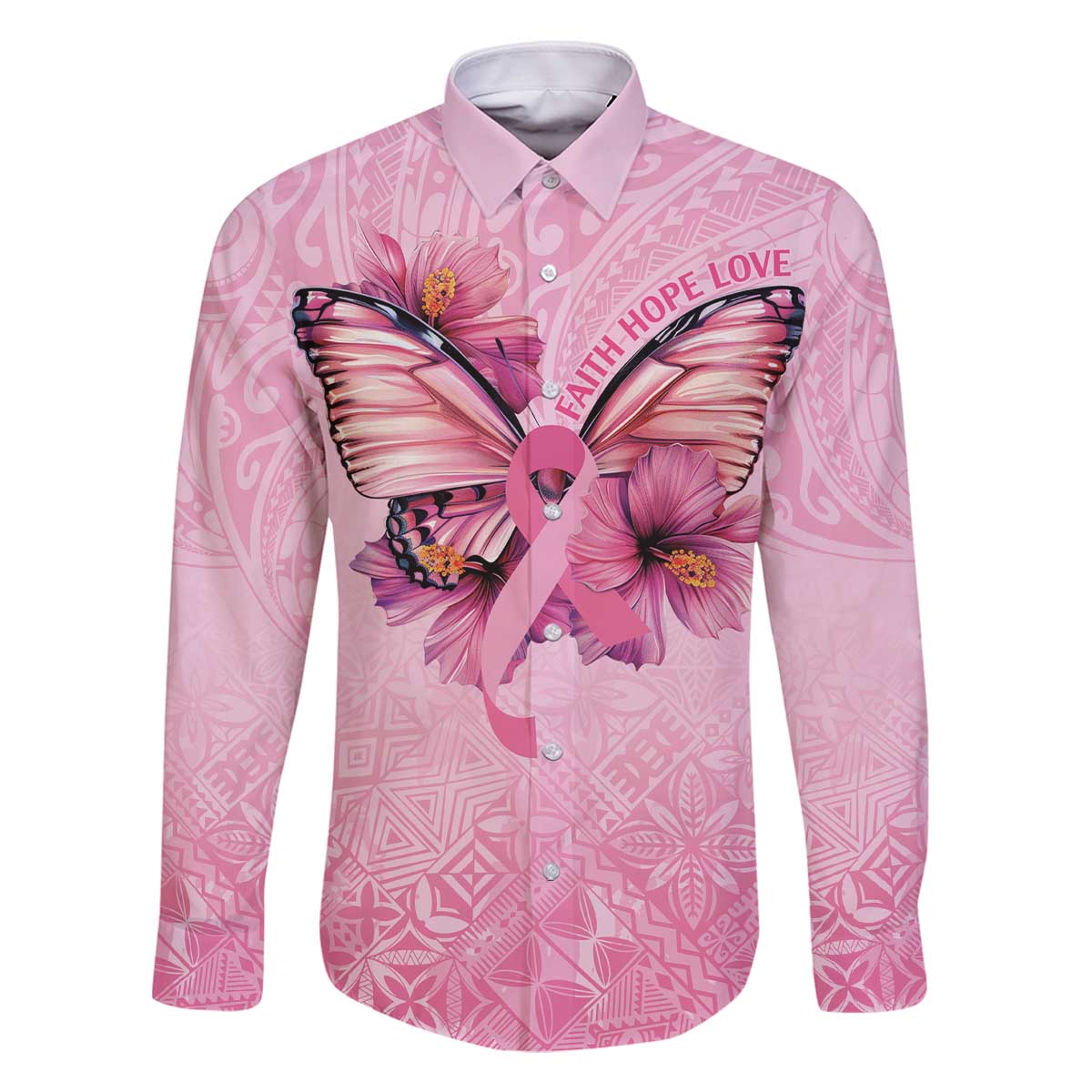 Faith Hope Love Butterfly Ribbon Personalised Family Matching Off The Shoulder Long Sleeve Dress and Hawaiian Shirt