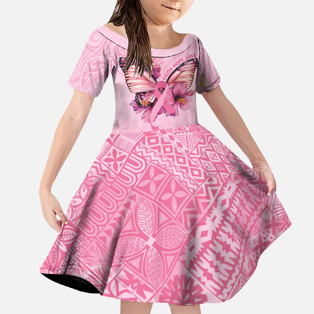 Faith Hope Love Butterfly Ribbon Personalised Family Matching Short Sleeve Bodycon Dress and Hawaiian Shirt LT9 Daughter's Dress Pink - Polynesian Pride