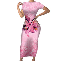 Faith Hope Love Butterfly Ribbon Personalised Family Matching Short Sleeve Bodycon Dress and Hawaiian Shirt LT9 Mom's Dress Pink - Polynesian Pride