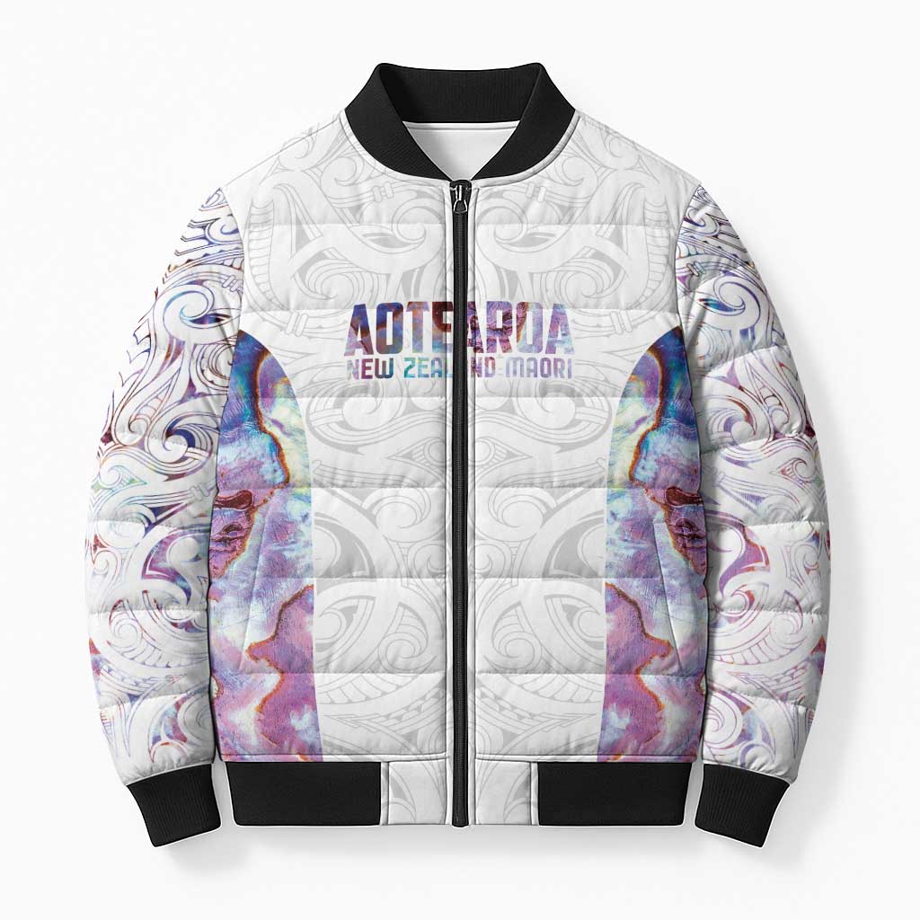 Custom New Zealand Aotearoa Bomber Puffer Jacket Pink Maori Paua Shell Indigenous - Polynesian Pride