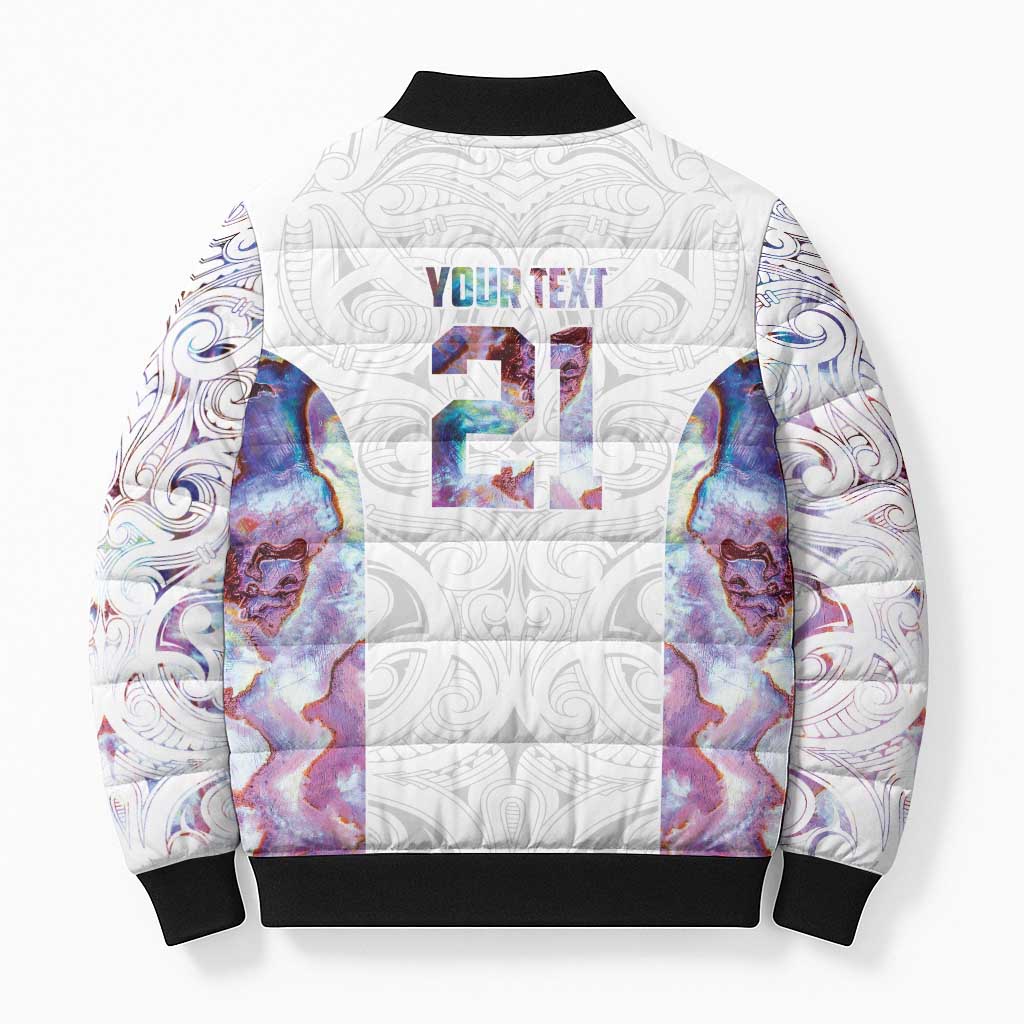 Custom New Zealand Aotearoa Bomber Puffer Jacket Pink Maori Paua Shell Indigenous - Polynesian Pride