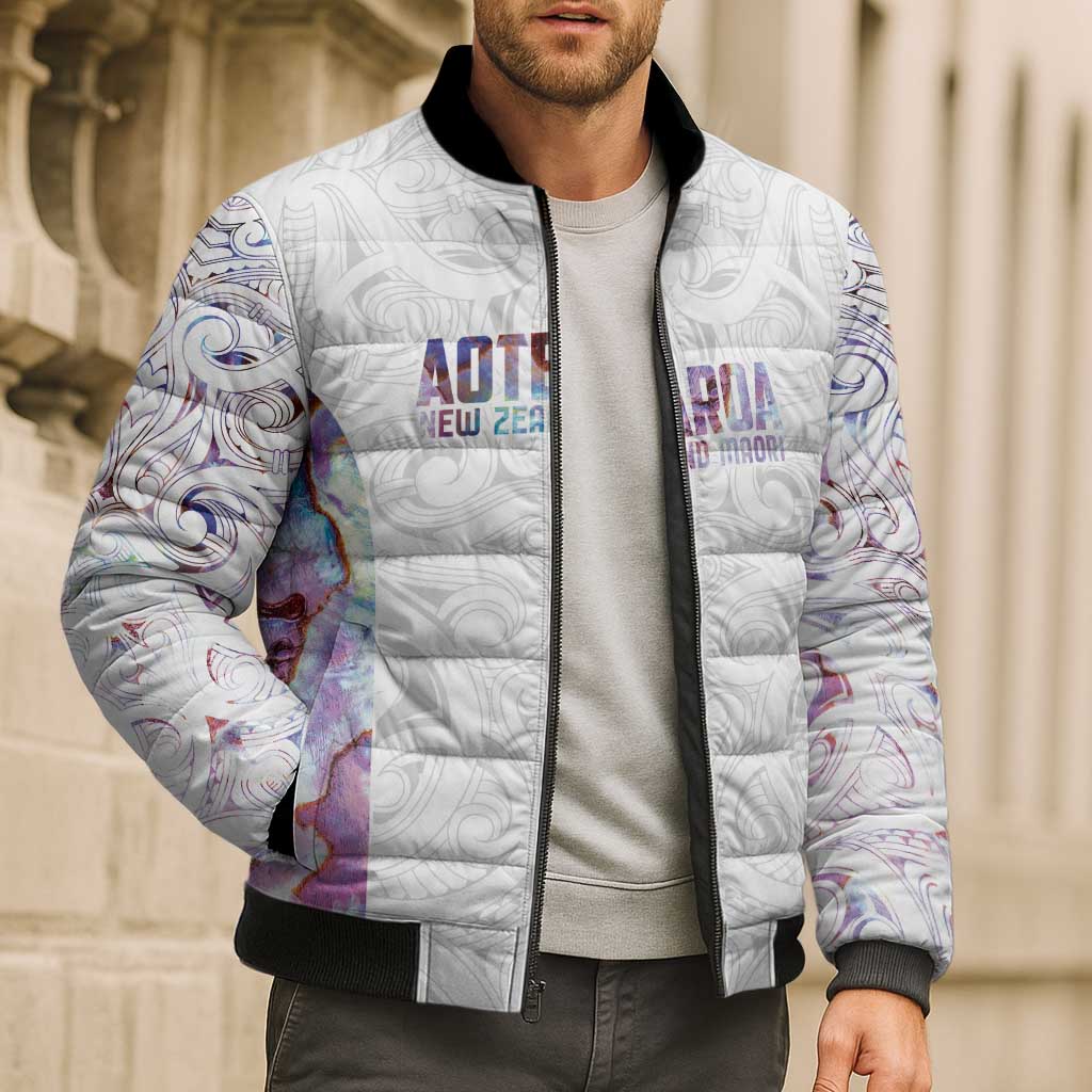 Custom New Zealand Aotearoa Bomber Puffer Jacket Pink Maori Paua Shell Indigenous - Polynesian Pride