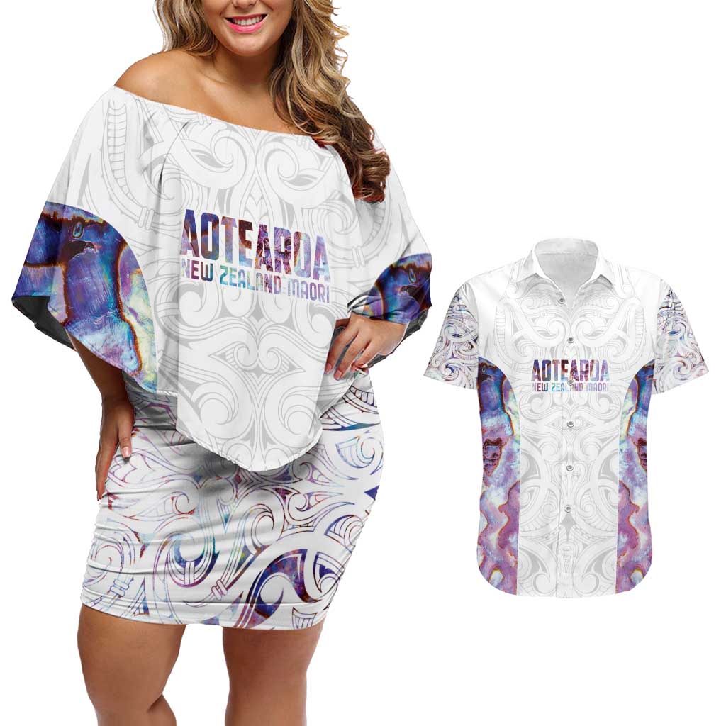 Custom New Zealand Aotearoa Couples Matching Off Shoulder Short Dress and Hawaiian Shirt Pink Maori Paua Shell Indigenous - Polynesian Pride