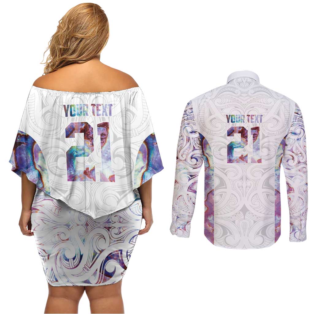 Custom New Zealand Aotearoa Couples Matching Off Shoulder Short Dress and Long Sleeve Button Shirt Pink Maori Paua Shell Indigenous - Polynesian Pride