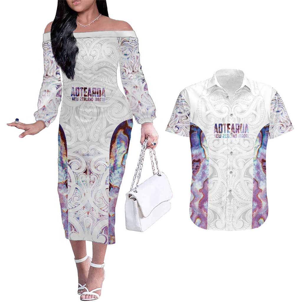 Custom New Zealand Aotearoa Couples Matching Off The Shoulder Long Sleeve Dress and Hawaiian Shirt Pink Maori Paua Shell Indigenous - Polynesian Pride