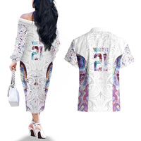 Custom New Zealand Aotearoa Couples Matching Off The Shoulder Long Sleeve Dress and Hawaiian Shirt Pink Maori Paua Shell Indigenous - Polynesian Pride
