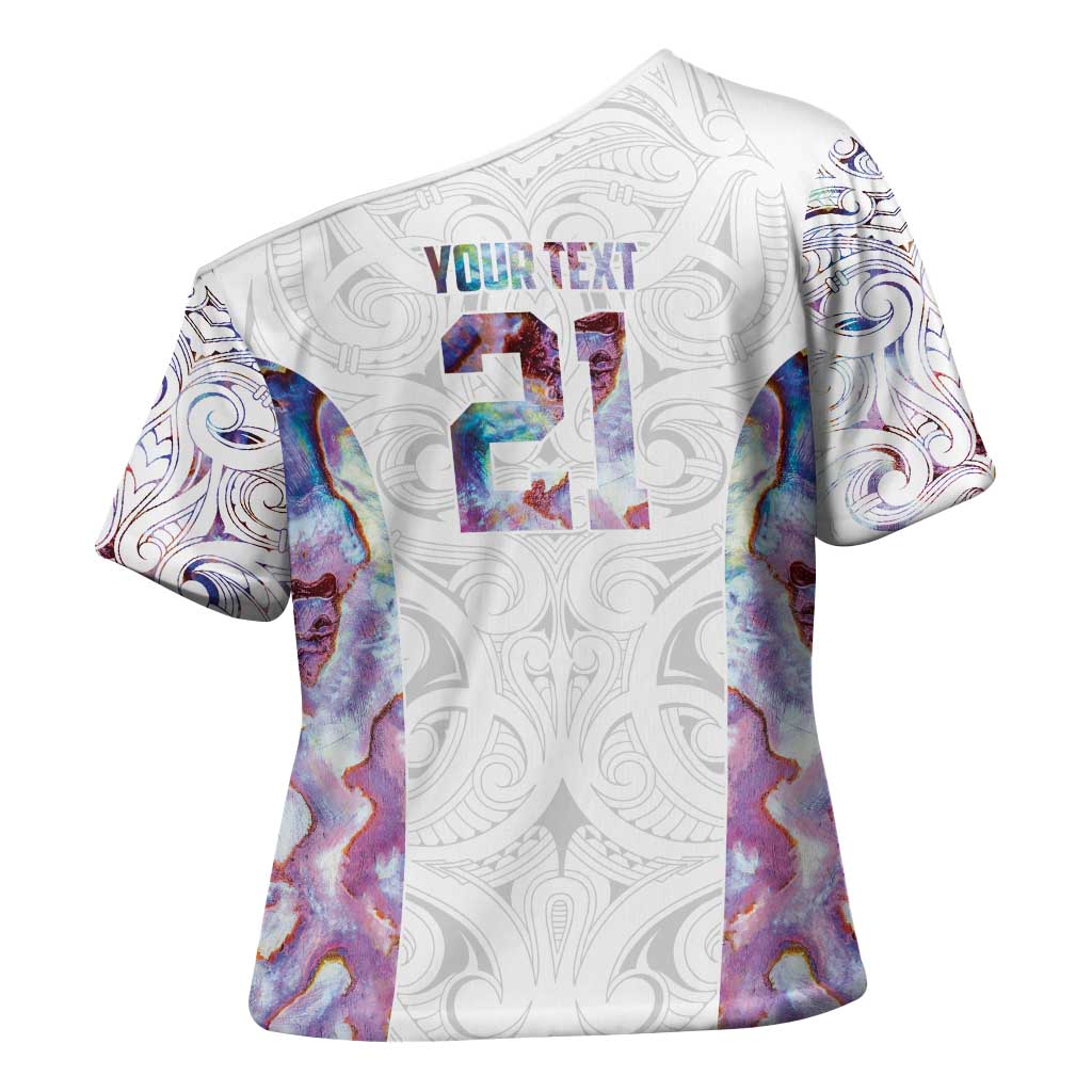 Custom New Zealand Aotearoa Cross Shoulder Shirt Pink Maori Paua Shell Indigenous - Polynesian Pride