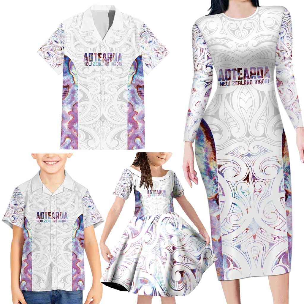 Custom New Zealand Aotearoa Family Matching Long Sleeve Bodycon Dress and Hawaiian Shirt Pink Maori Paua Shell Indigenous LT9 - Polynesian Pride