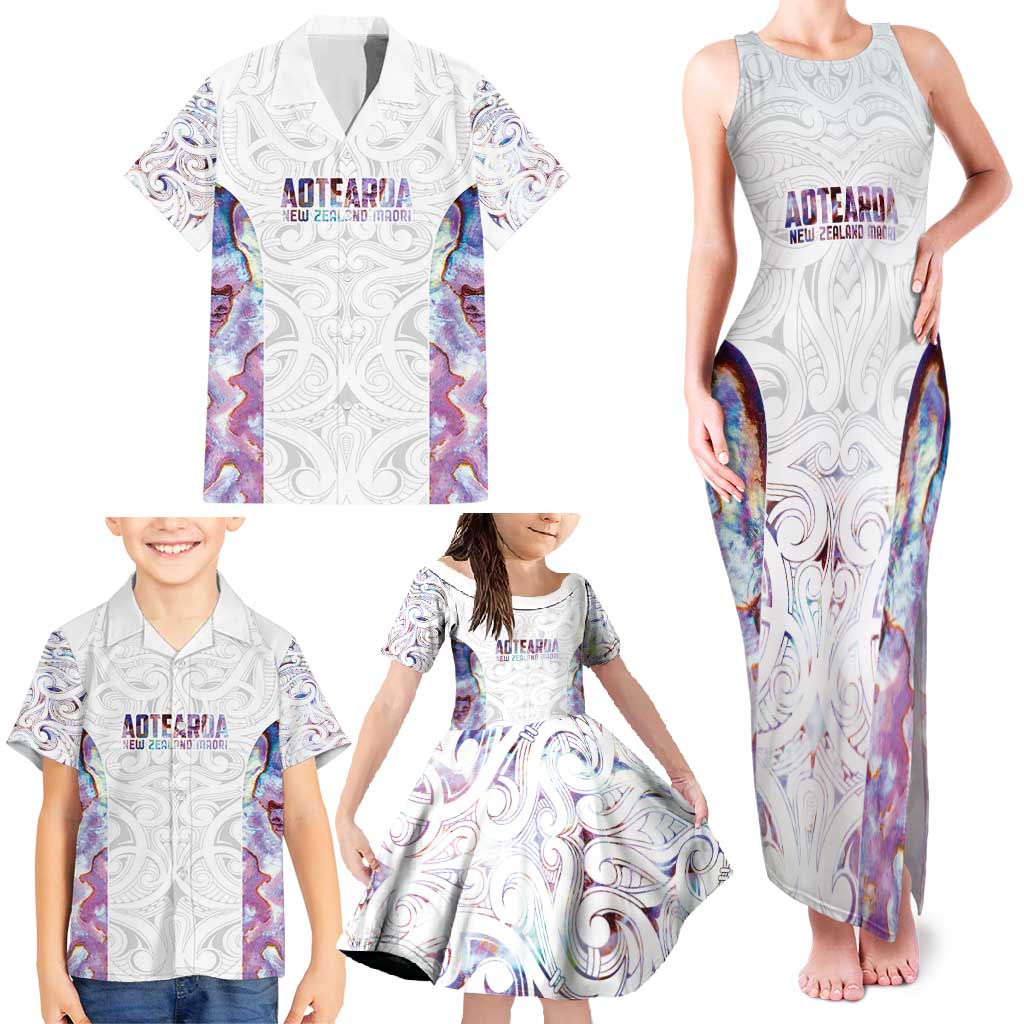 Custom New Zealand Aotearoa Family Matching Tank Maxi Dress and Hawaiian Shirt Pink Maori Paua Shell Indigenous - Polynesian Pride